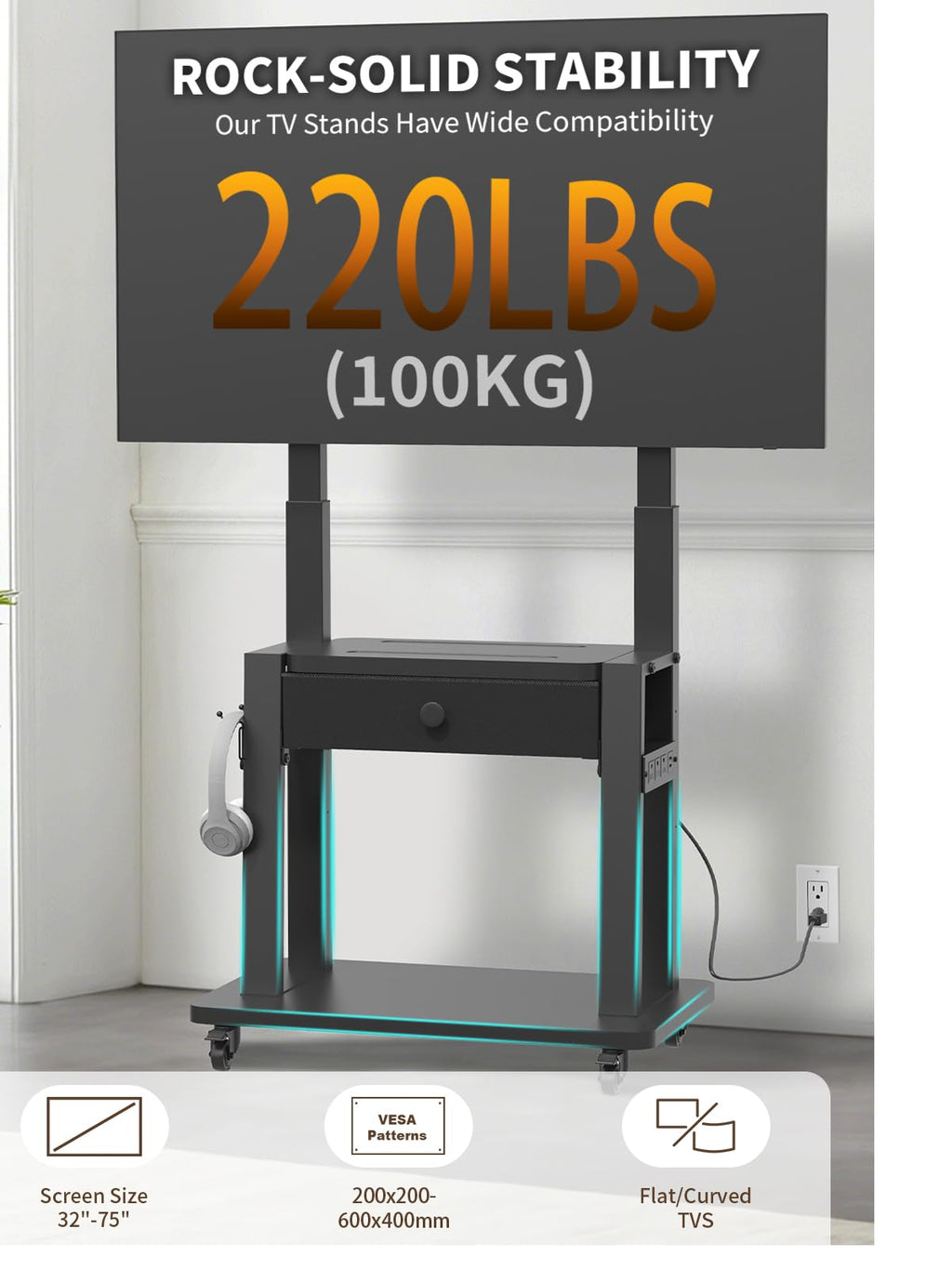 Black Rolling TV Stand with Power Outlet for 32-75 Inch Screens R665