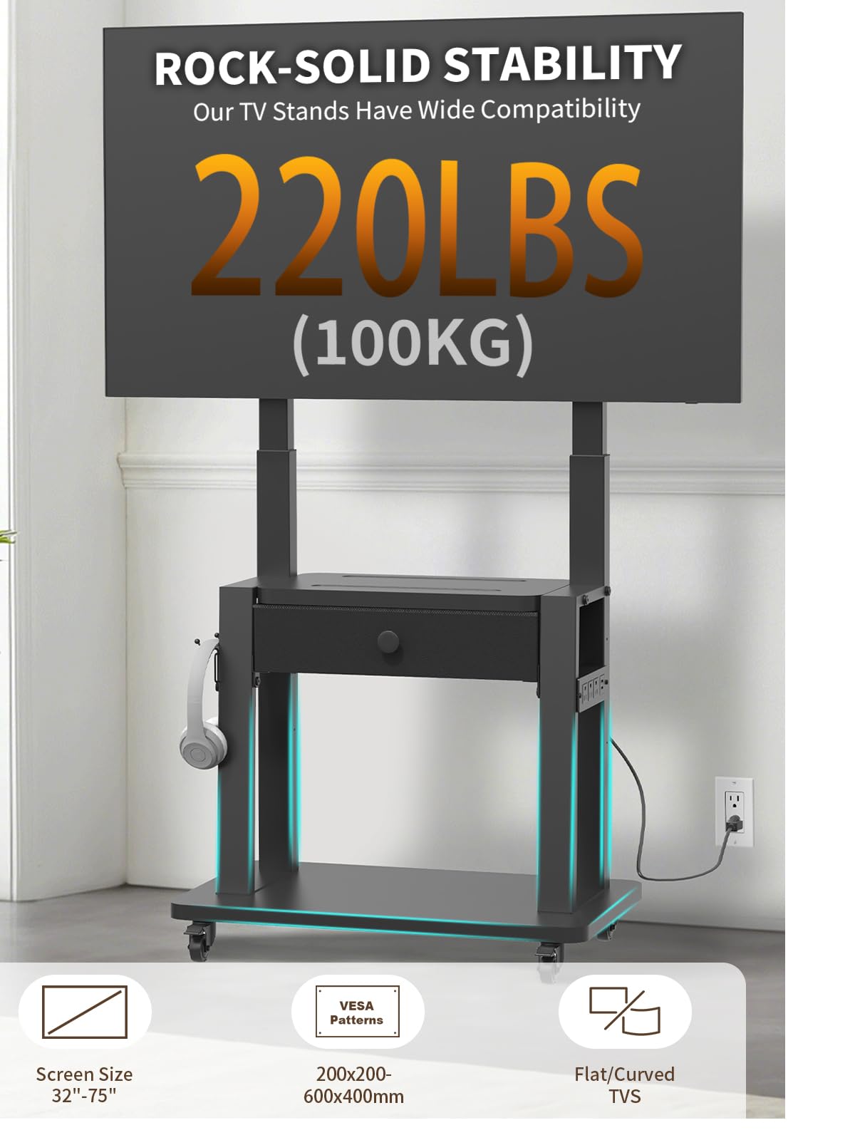 Black Rolling TV Stand with Power Outlet for 32-75 Inch Screens R665