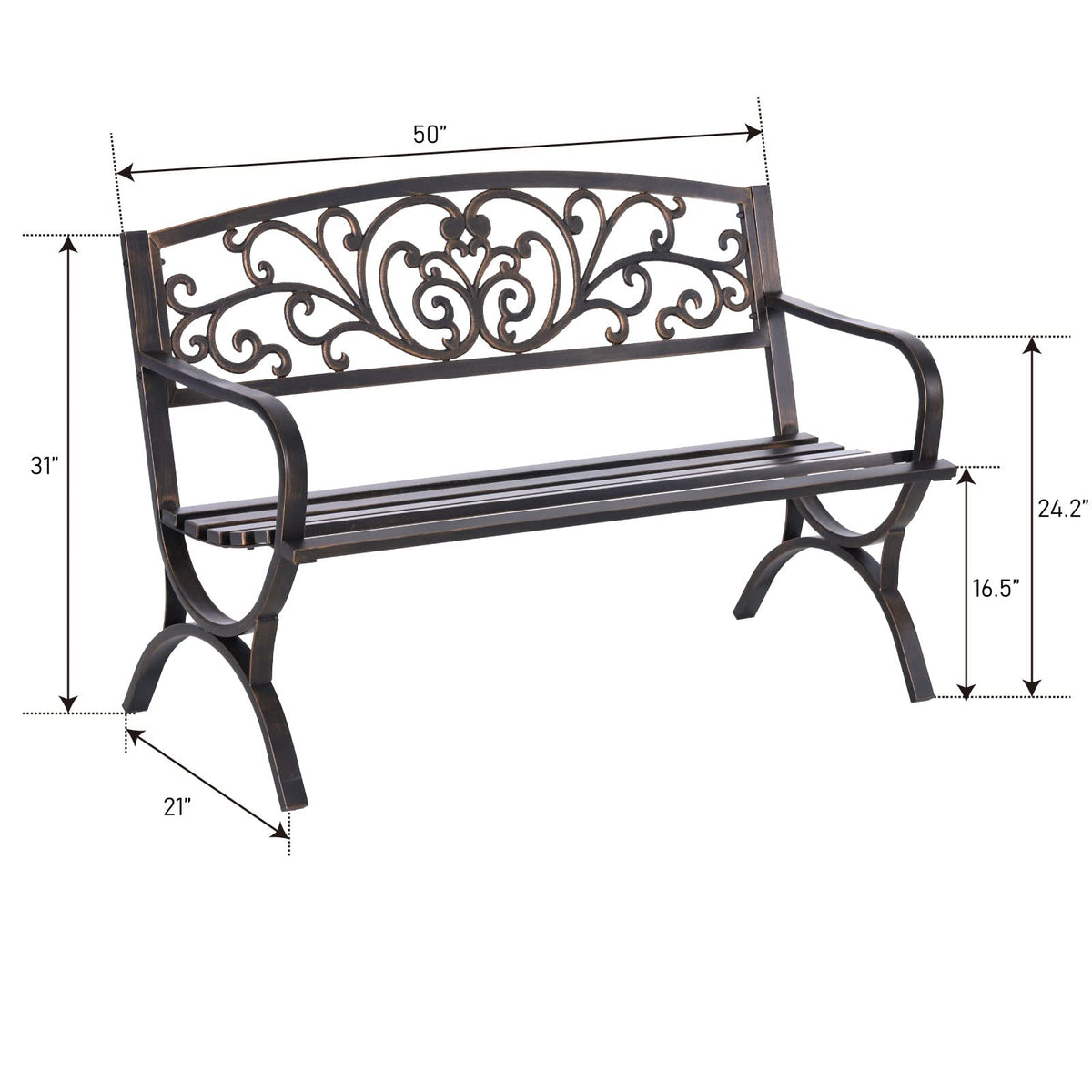 50 Inches Bronze Metal Garden Bench N3832