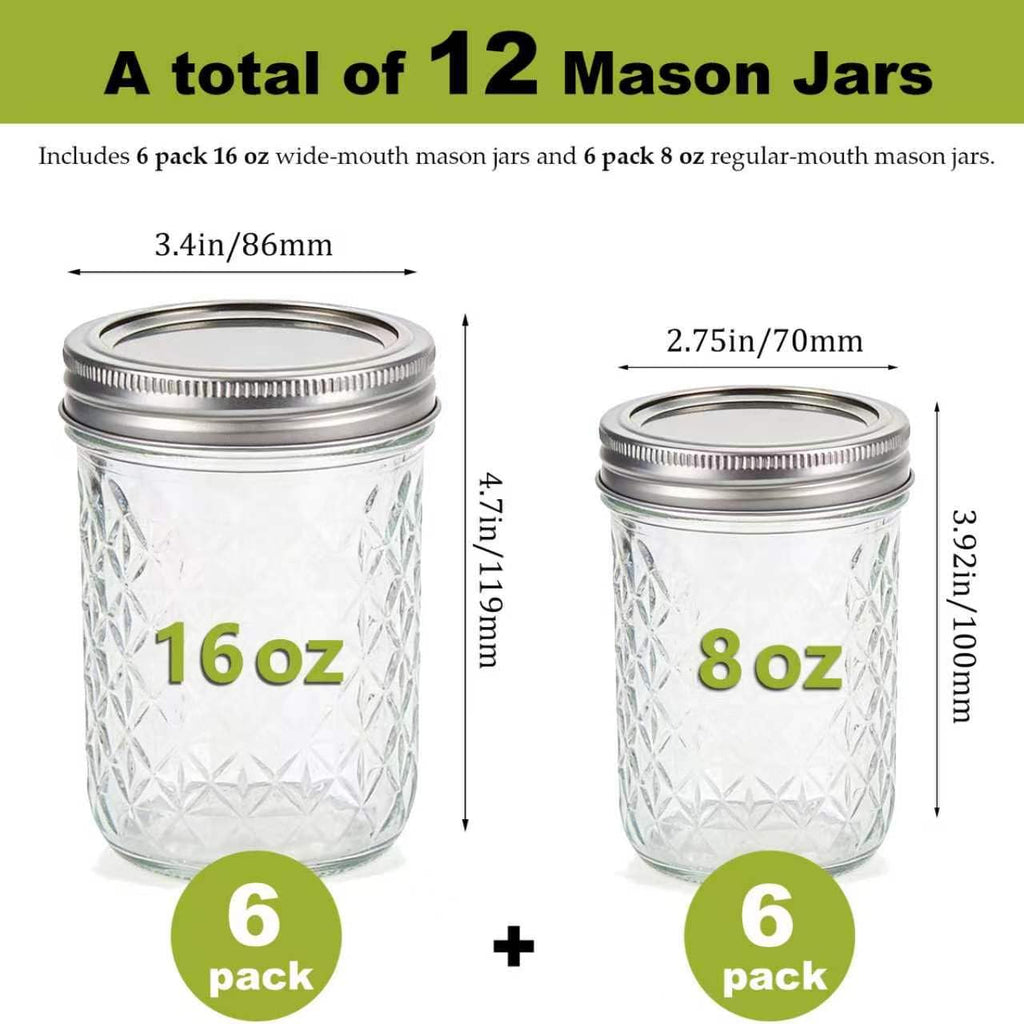 12 Pack Glass Mason Jars with Lids 16 oz & 8 oz I399177