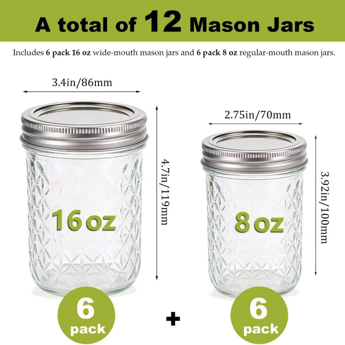 12 Pack Glass Mason Jars with Lids 16 oz & 8 oz I399177