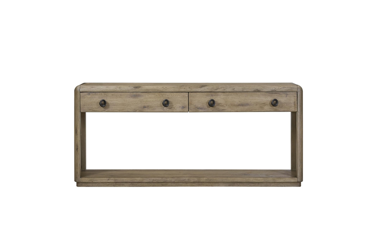 English Knotty Oak Console Table, Solid Wood and Engineered Wood Veneer, Two Self-Closing Drawers, Open Lower Shelf, Rounded Edges, 72 x 16 x 32.25 Inchs, Oak Finish W8433