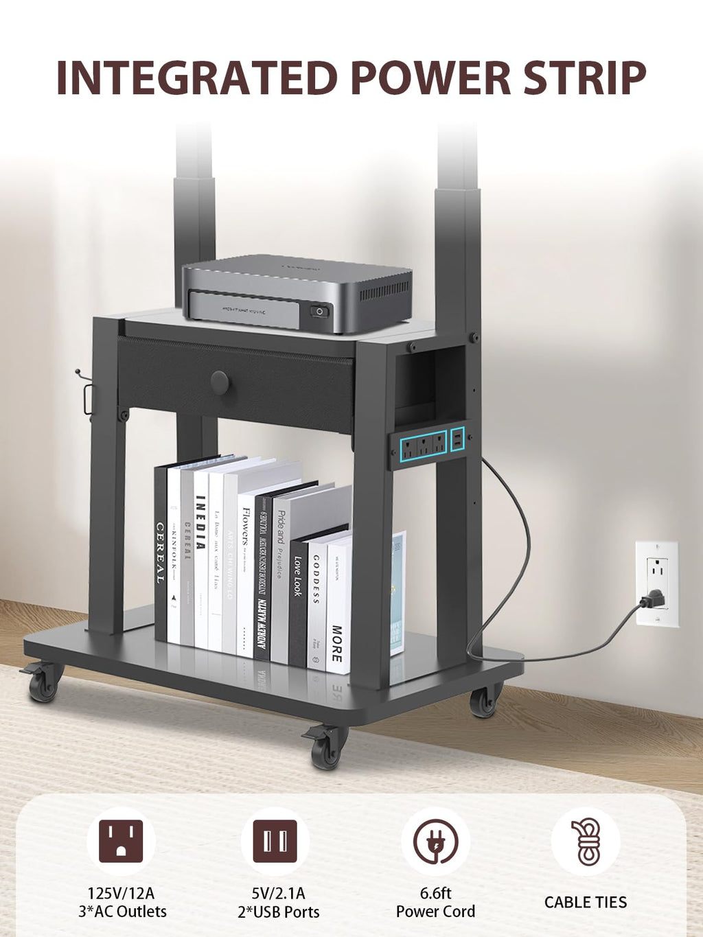Black Rolling TV Stand with Power Outlet for 32-75 Inch Screens R665