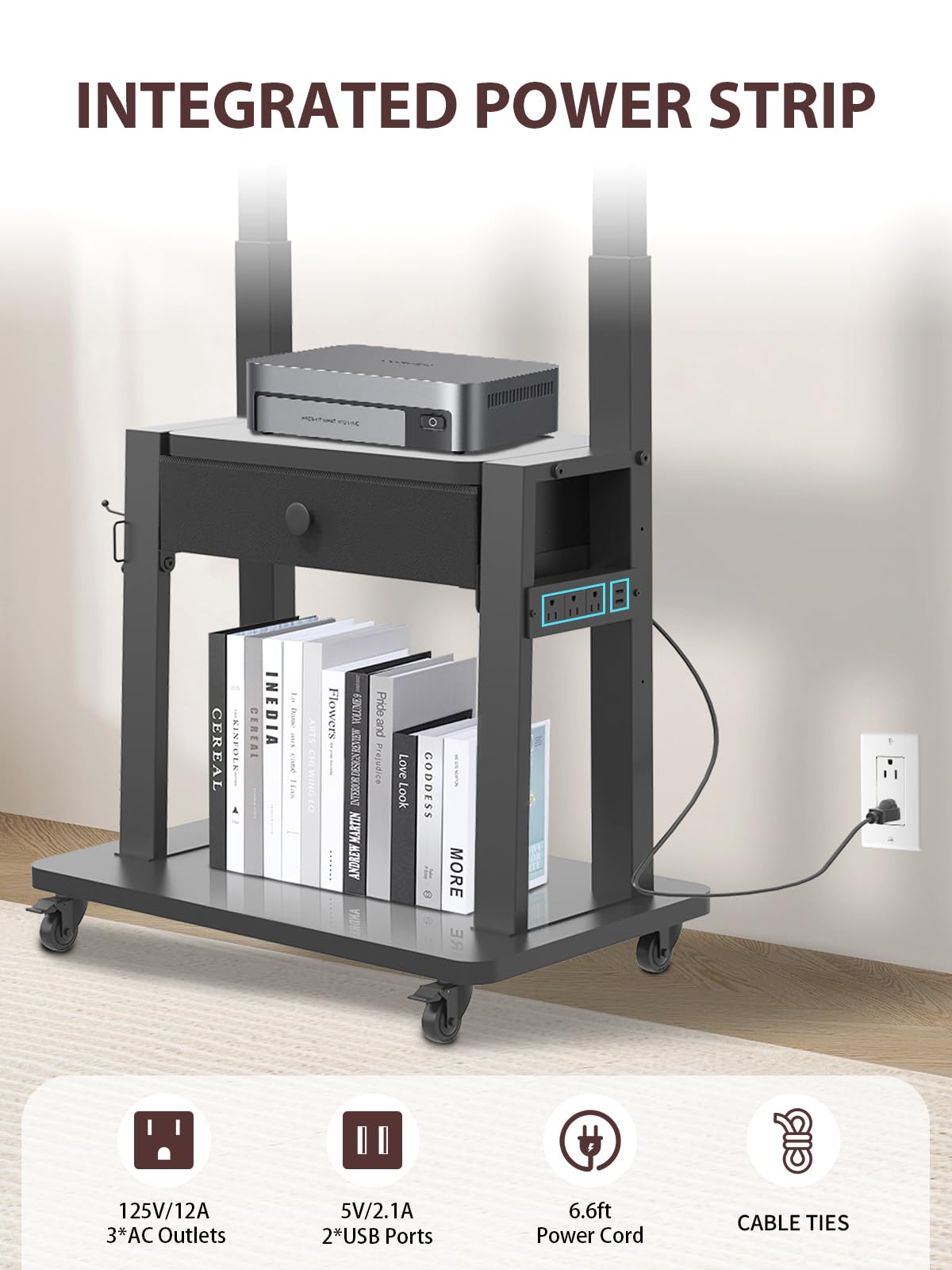 Black Rolling TV Stand with Power Outlet for 32-75 Inch Screens R665