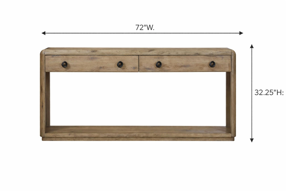 English Knotty Oak Console Table, Solid Wood and Engineered Wood Veneer, Two Self-Closing Drawers, Open Lower Shelf, Rounded Edges, 72 x 16 x 32.25 Inchs, Oak Finish W8433