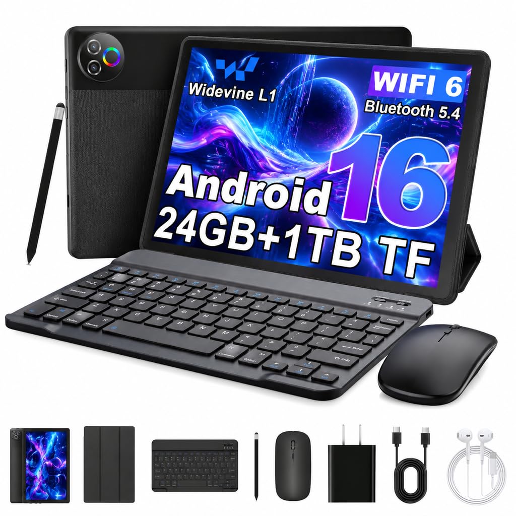 Android 16 Tablet with Keyboard Mouse Stylus Case, 24GB RAM 1TB TF Expand, 10 inch HD IPS Screen D471