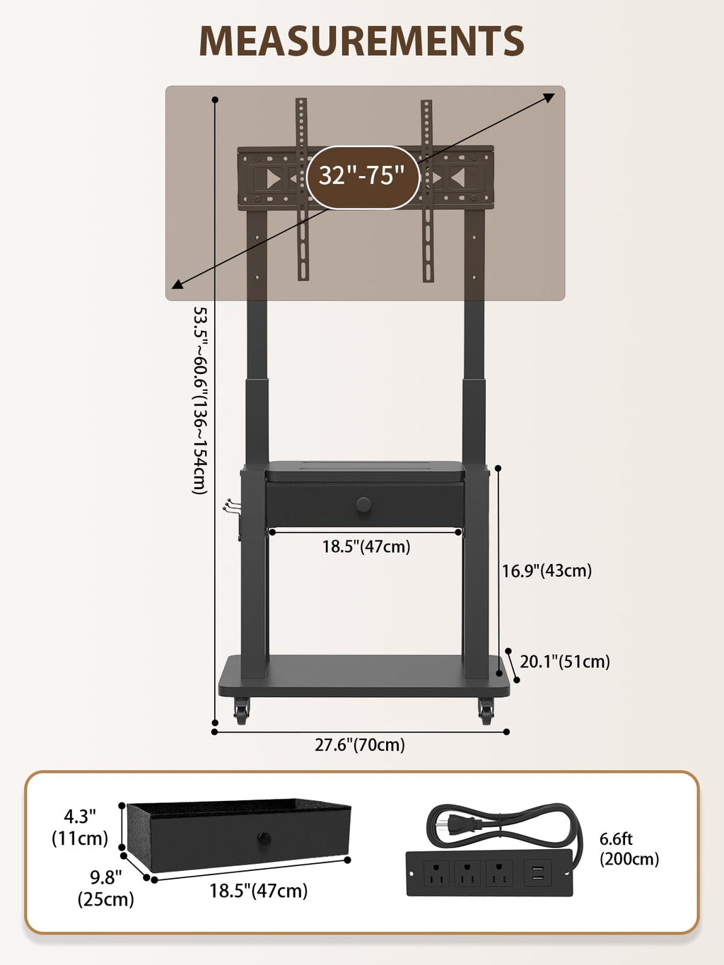 Black Rolling TV Stand with Power Outlet for 32-75 Inch Screens R665