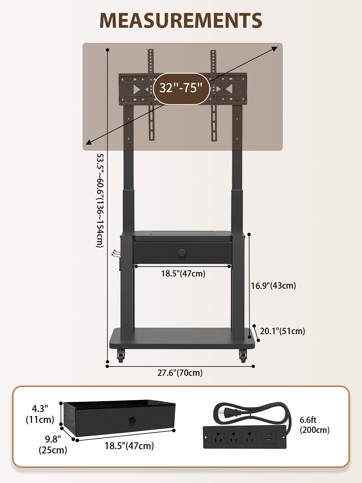 Black Rolling TV Stand with Power Outlet for 32-75 Inch Screens R665