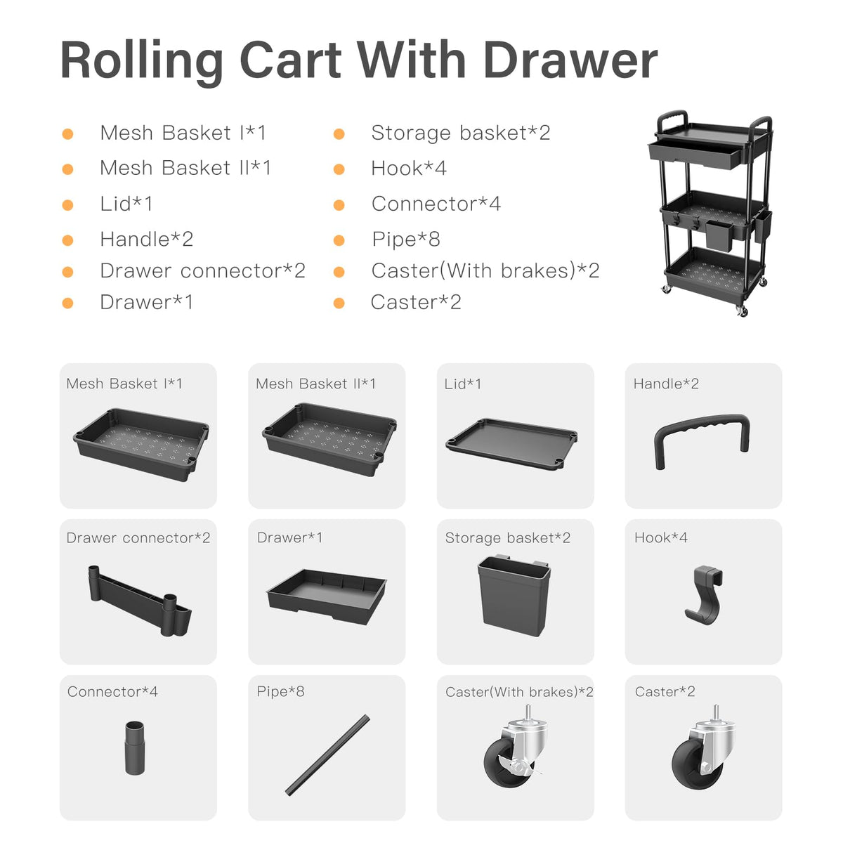 3 Tier Rolling Utility Cart with Drawer A27687