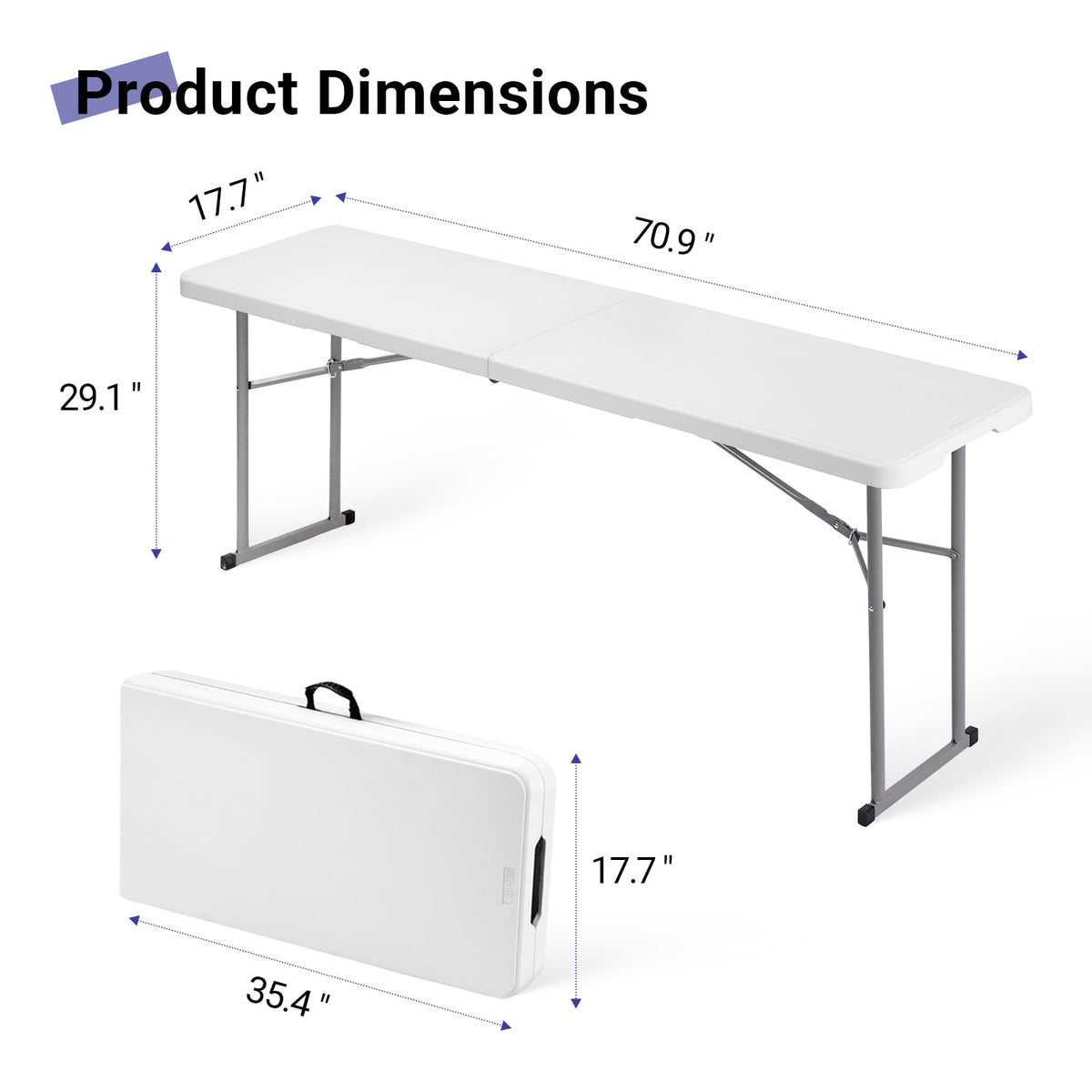Folding Table 6FT Narrow Portable Plastic Heavy Duty Table, White J940