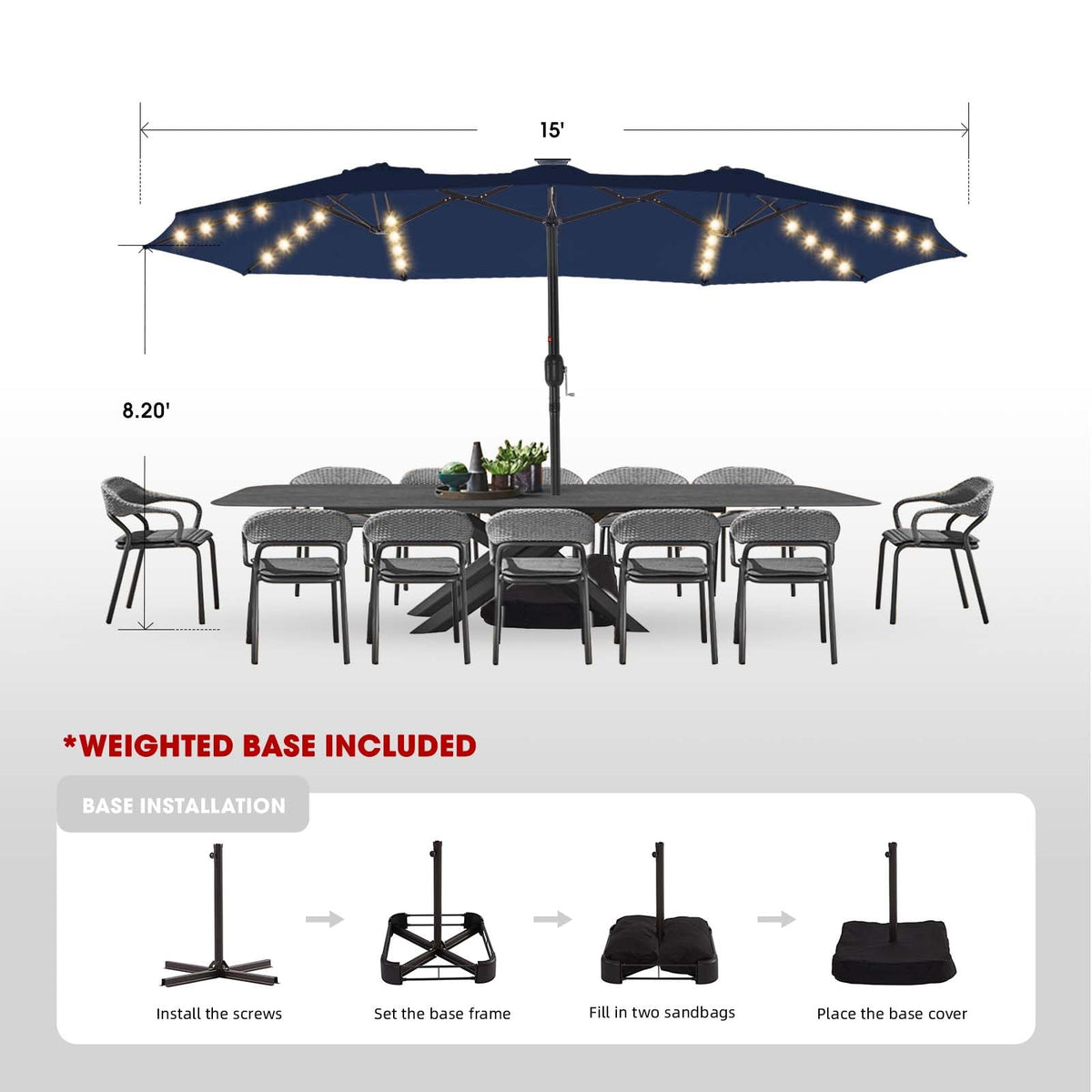 15ft Double-Sided Patio Umbrella with Base H90905