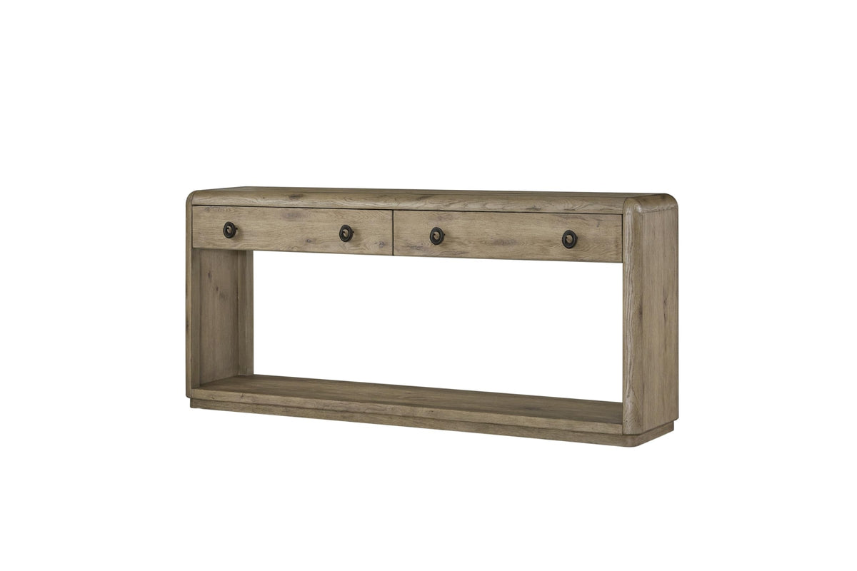 English Knotty Oak Console Table, Solid Wood and Engineered Wood Veneer, Two Self-Closing Drawers, Open Lower Shelf, Rounded Edges, 72 x 16 x 32.25 Inchs, Oak Finish W8433