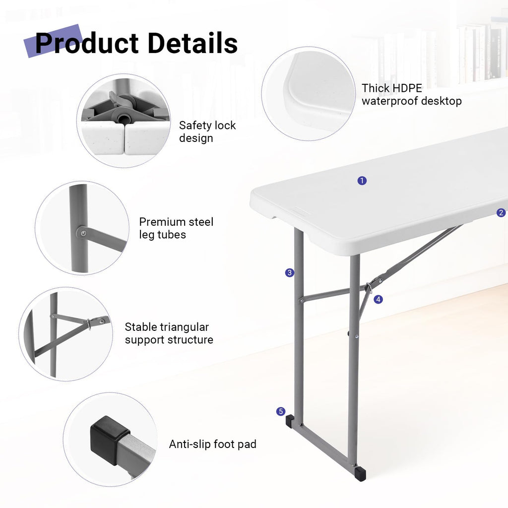 Folding Table 6FT Narrow Portable Plastic Heavy Duty Table, White J940