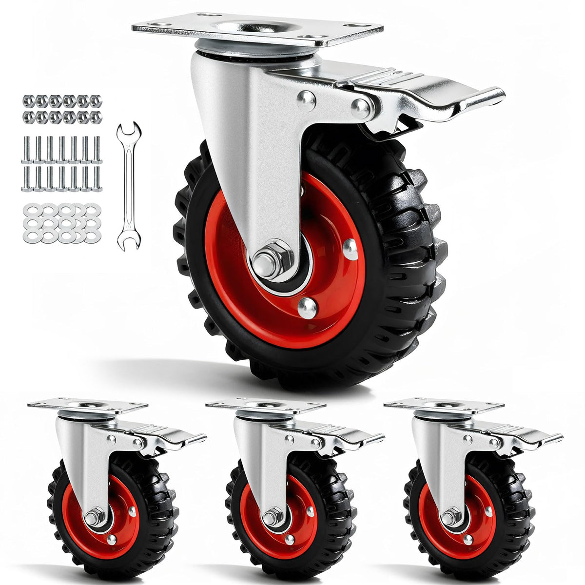 5 Inch Heavy Duty Casters Set of 4 Dual Locking Rubber Swivel Plate K3646