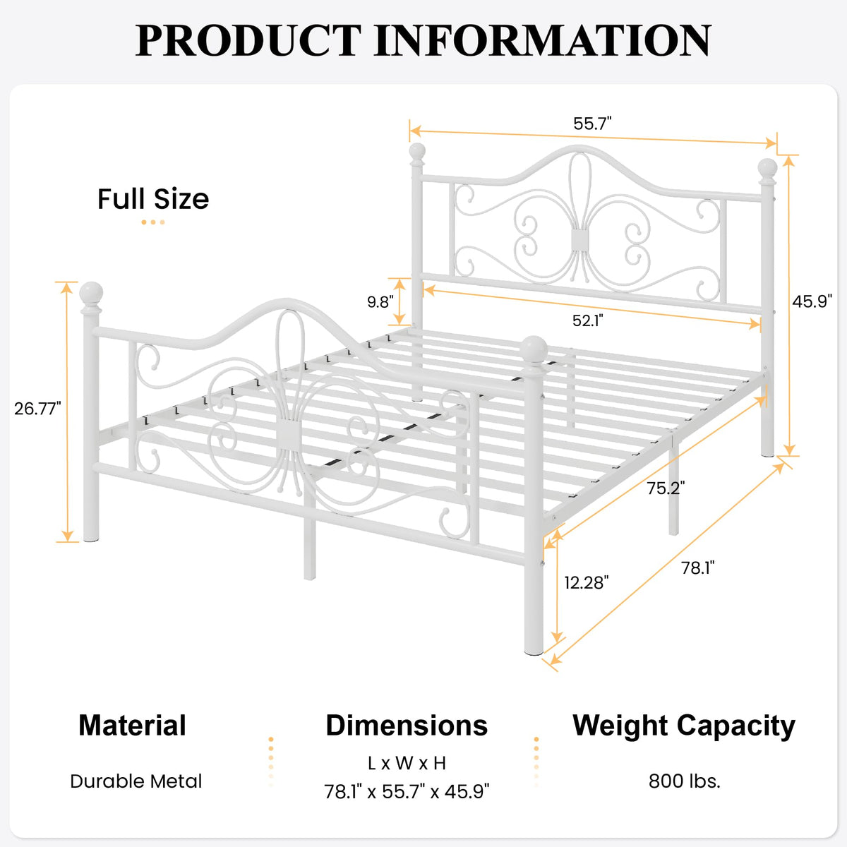Full Size White Metal Bed Frame with Headboard Z637