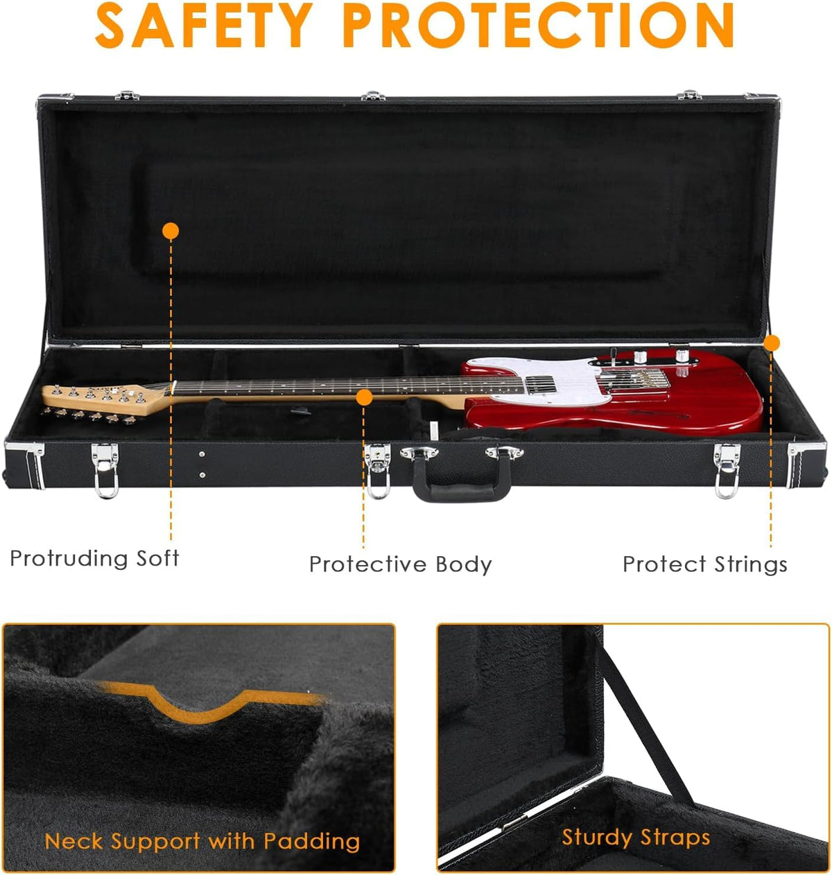 39-Inch Electric Guitar Hard Case with Thickened Padding, Black H240924