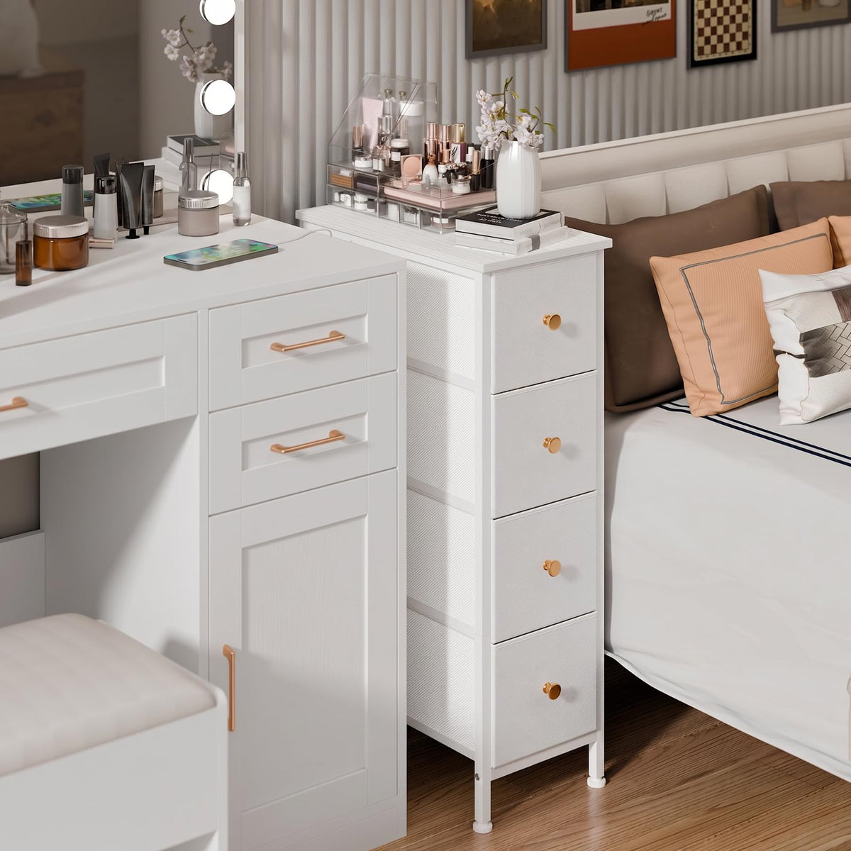 White 4 Fabric Drawer Narrow Storage Cabinet O2484