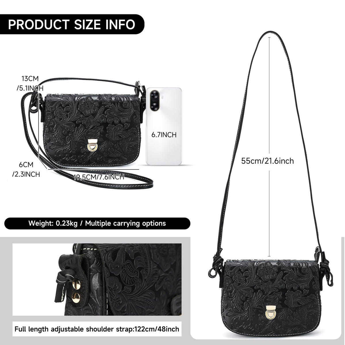 Genuine Leather Floral Embossed Crossbody Bag H294