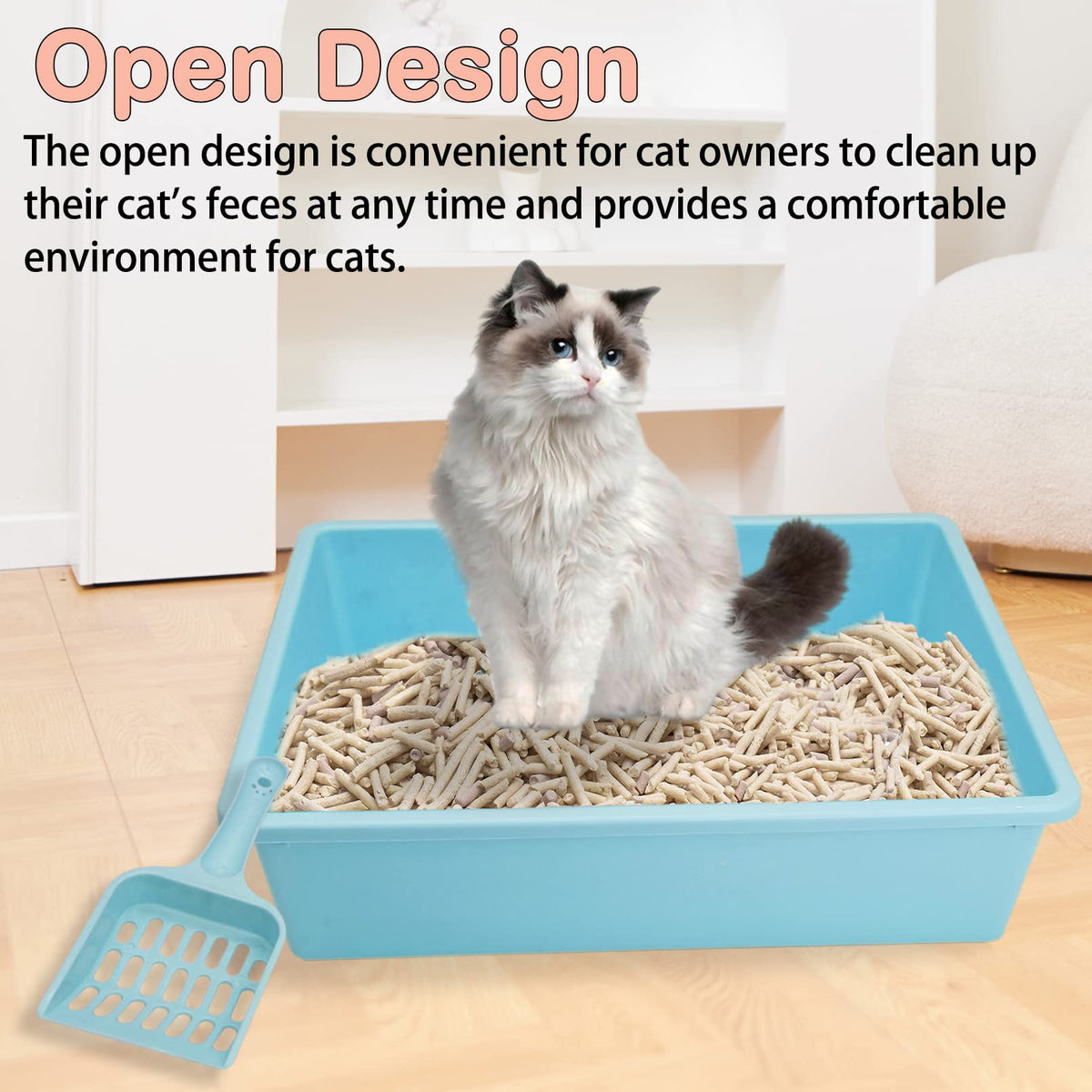 Medium Open Cat Litter Box with Scoop, Non-Stick Plastic, 15 x 11 x 4 Inches L608