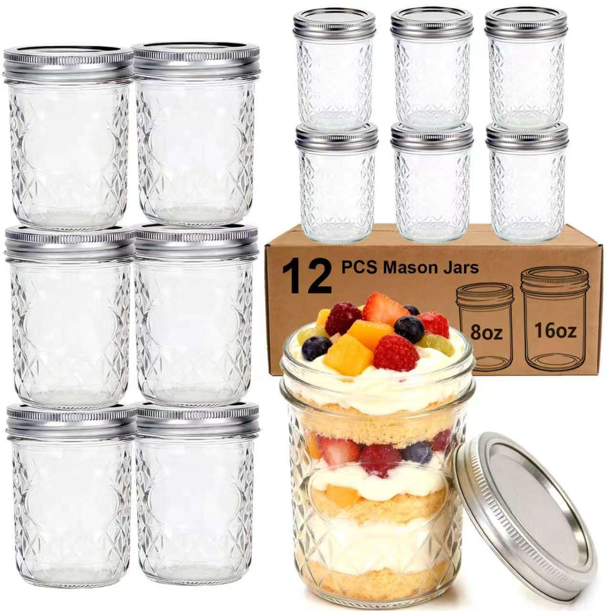 12 Pack Glass Mason Jars with Lids 16 oz & 8 oz I399177