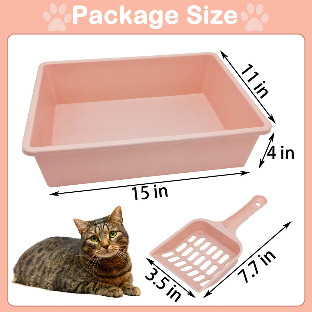 Medium Open Cat Litter Box with Scoop, Non-Stick Plastic, 15 x 11 x 4 Inches L608