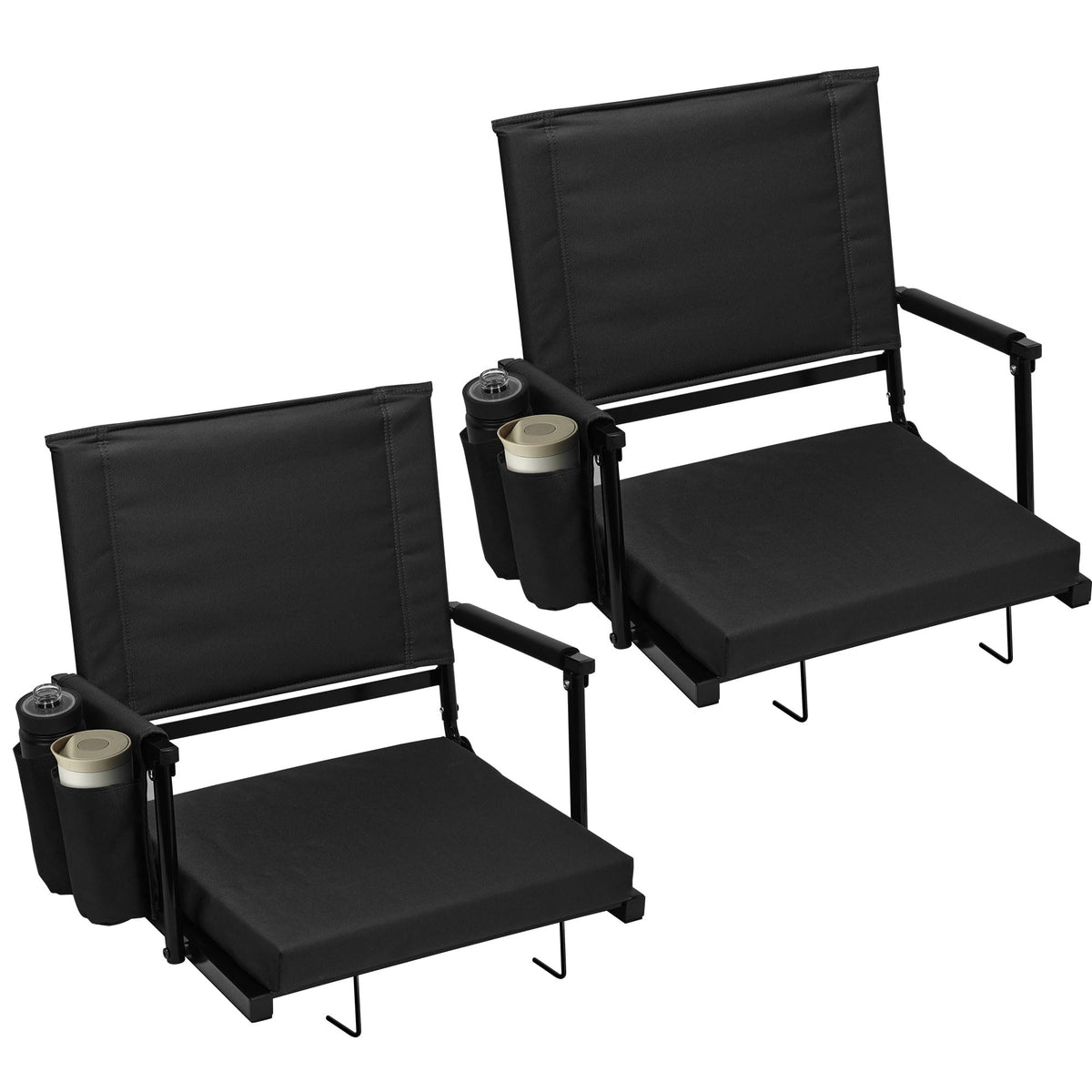 2 Packs Foldable Stadium Seats with Adjustable Backrest and Cup Holders Black T2583