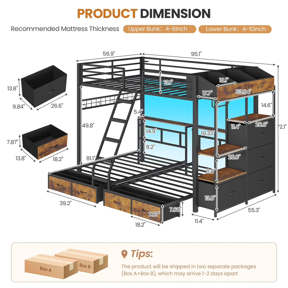 Black Triple Bunk Bed with 8 Storage Drawers and Stair J2939