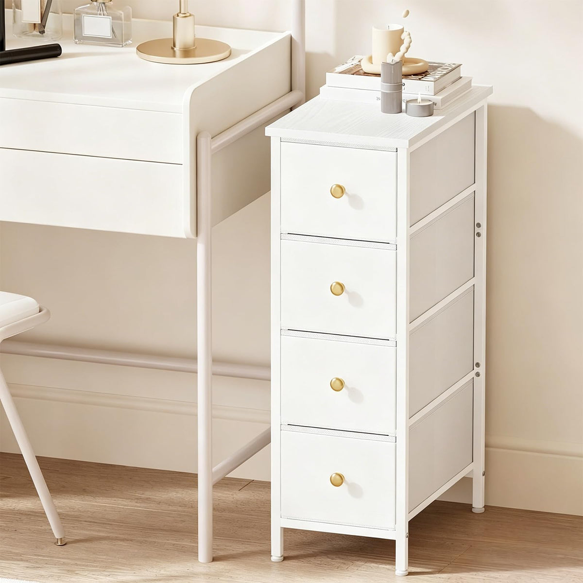 White 4 Fabric Drawer Narrow Storage Cabinet O2484