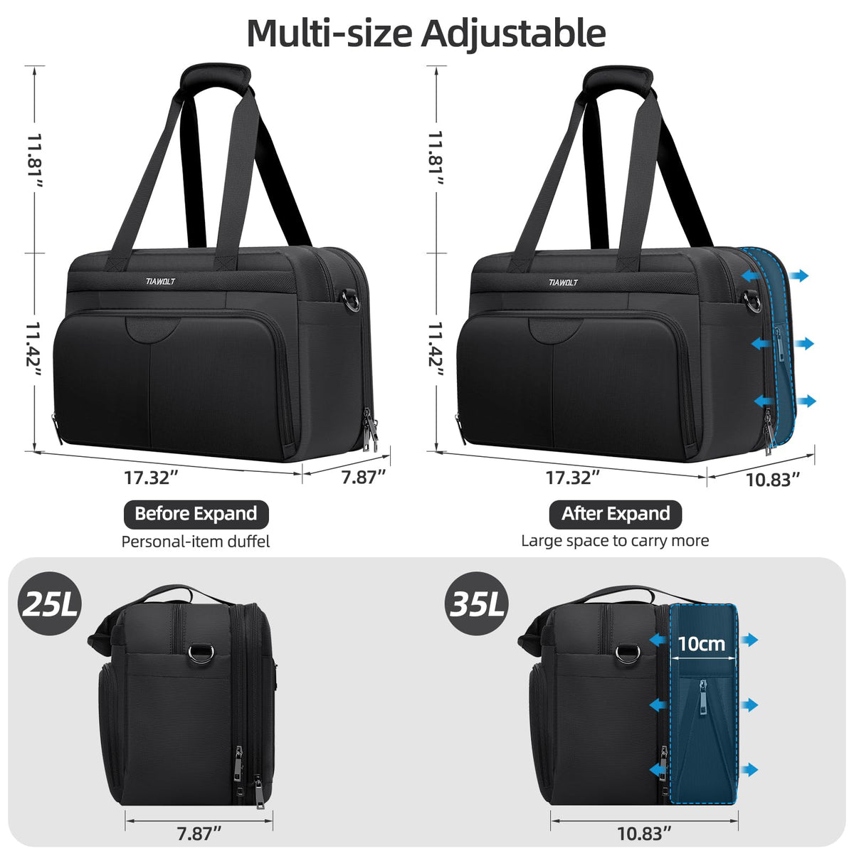 Black Expandable Carry-On Luggage Duffel Bag with Adjustable Strap K91296