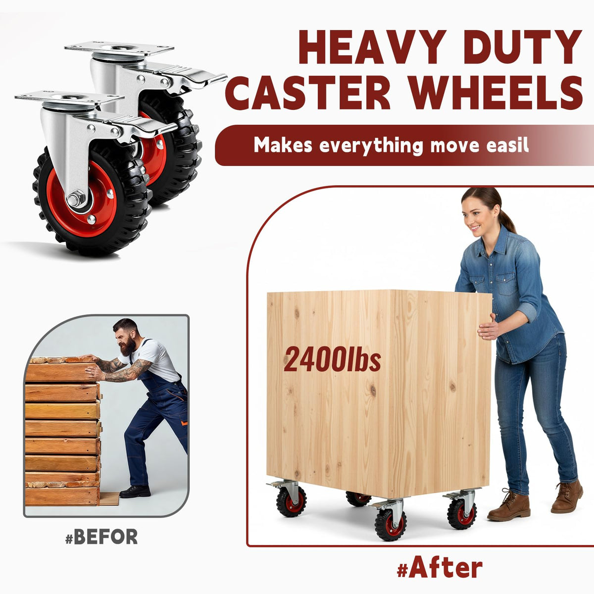 5 Inch Heavy Duty Casters Set of 4 Dual Locking Rubber Swivel Plate K3646