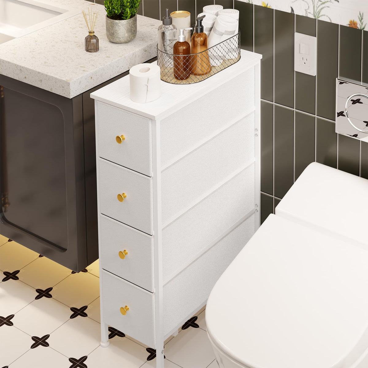 White 4 Fabric Drawer Narrow Storage Cabinet O2484