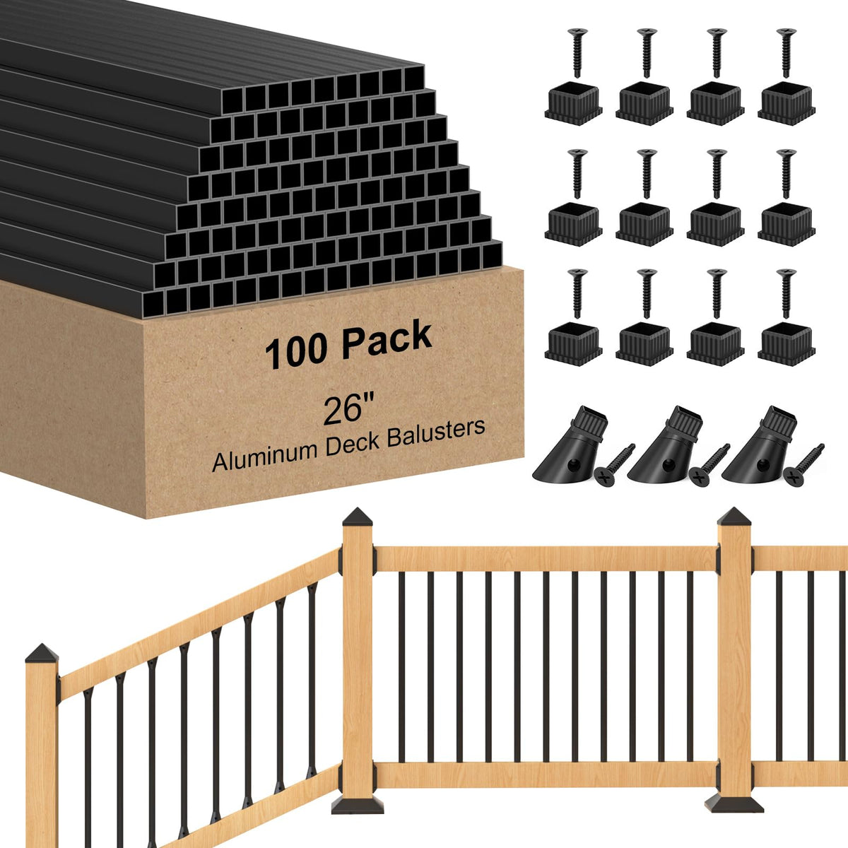 100 Pack 26" Square Black Aluminum Deck Balusters U921