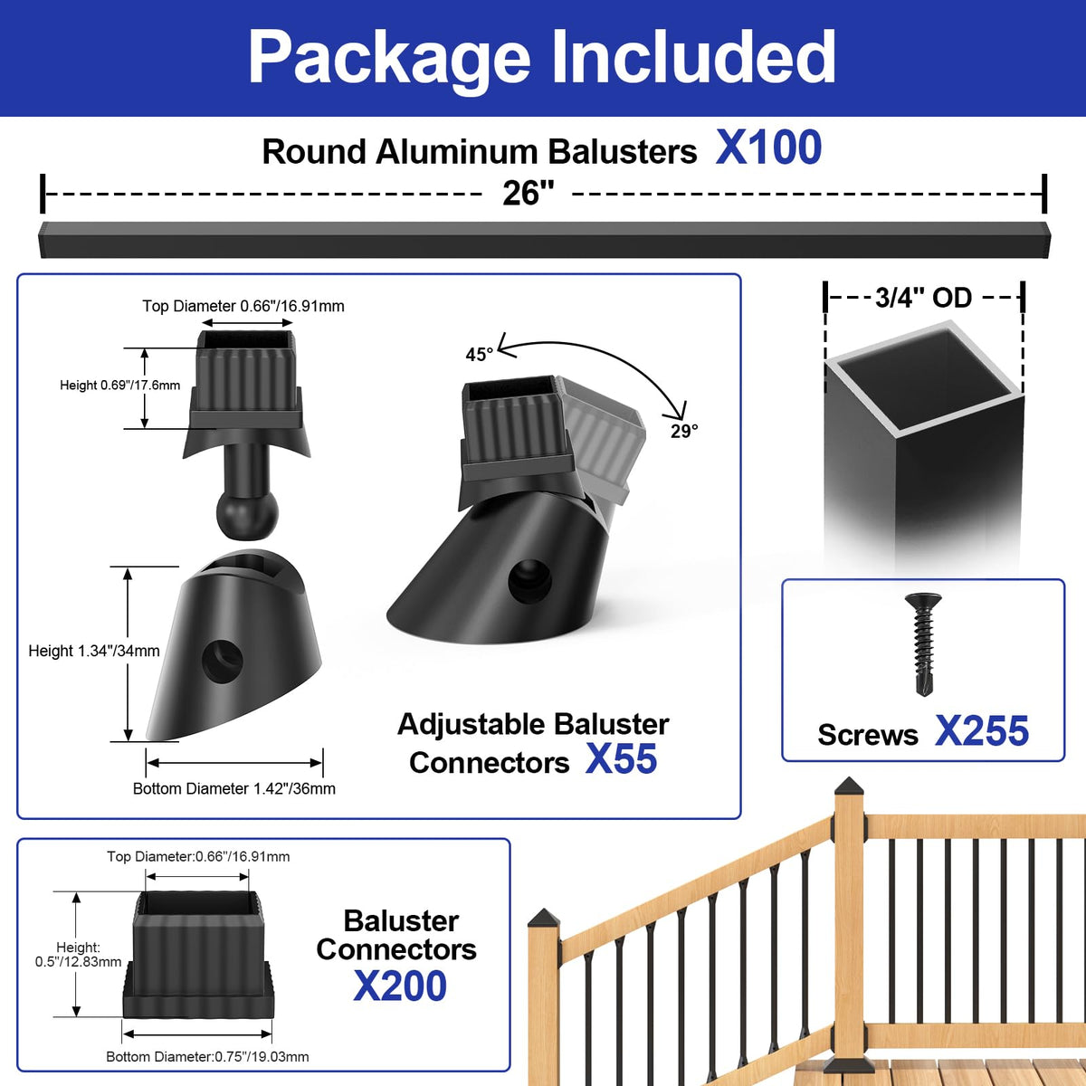 100 Pack 26" Square Black Aluminum Deck Balusters U921