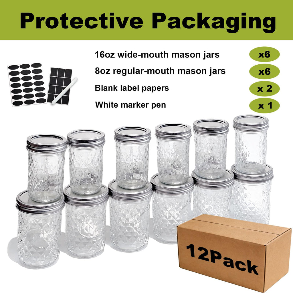 12 Pack Glass Mason Jars with Lids 16 oz & 8 oz I399177