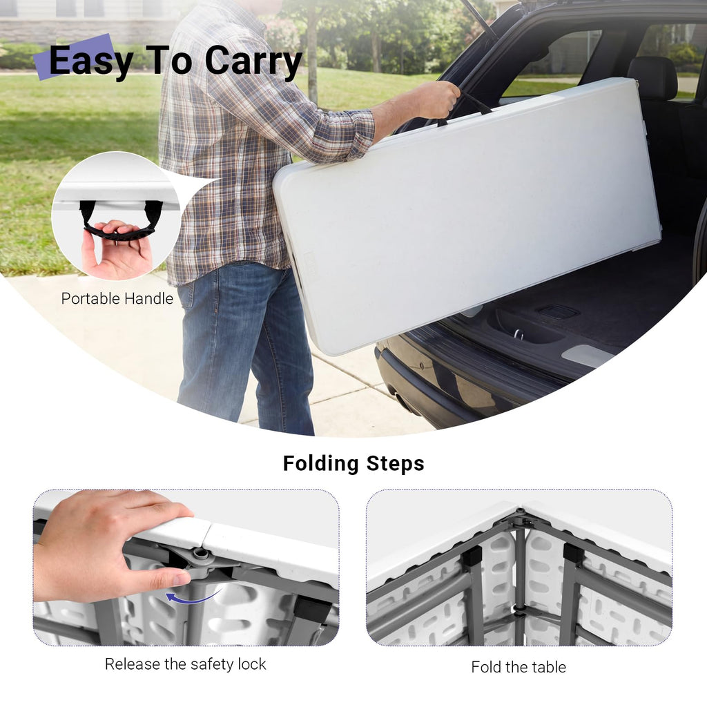 Folding Table 6FT Narrow Portable Plastic Heavy Duty Table, White J940