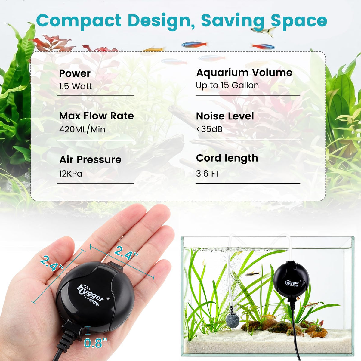 Quiet Mini Aquarium Air Pump 1.5 Watt with Air Stone Black Z6442