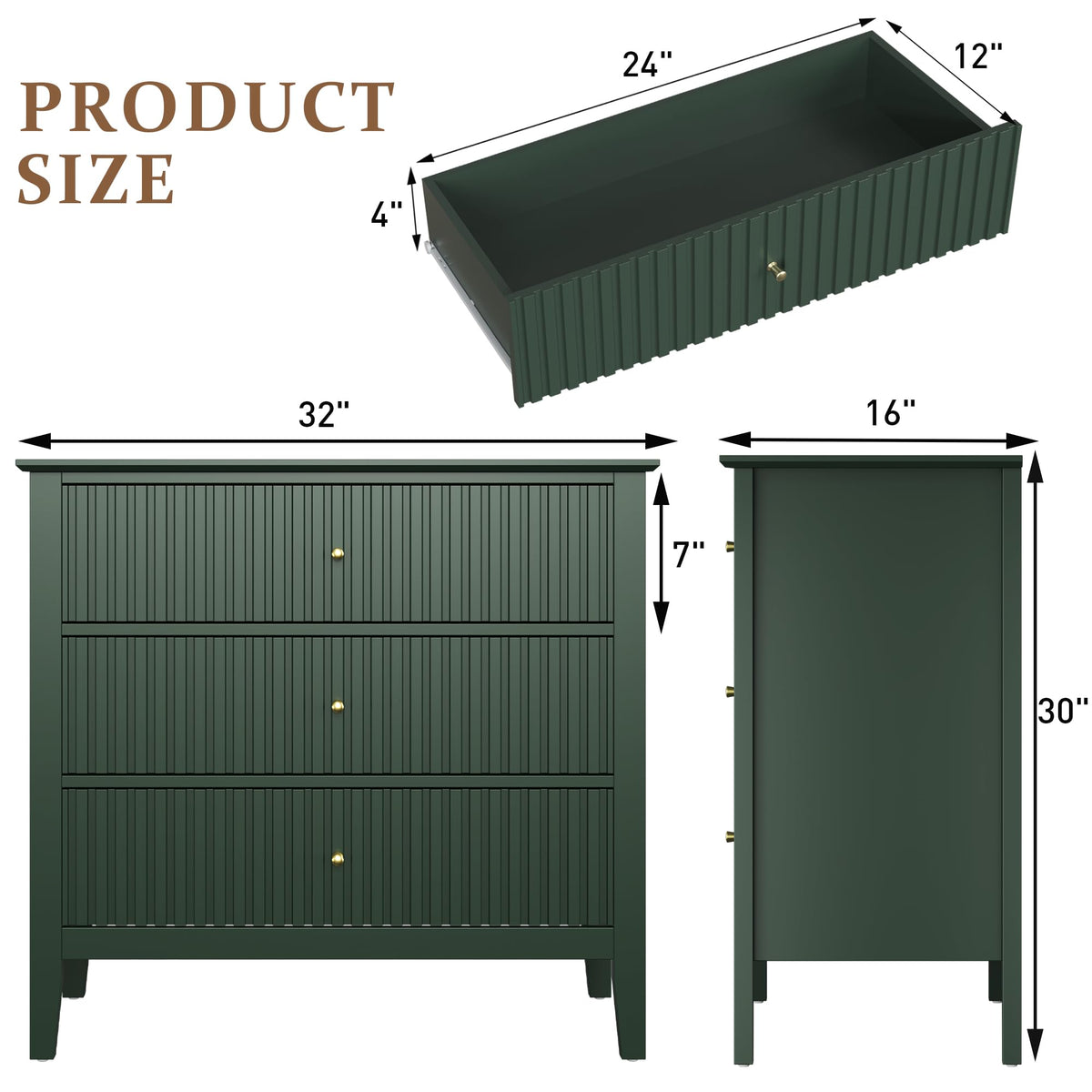 32" Dark Green 3 Drawer Nightstand Set of 2 N921