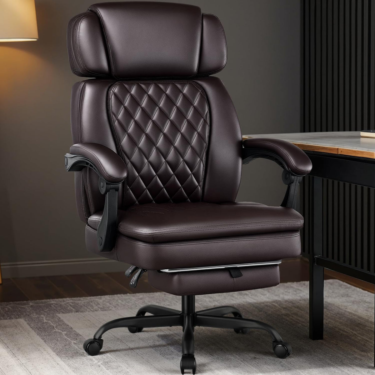 Brown 400lbs Ergonomic PU Leather Office Chair with Foot Rest Q728
