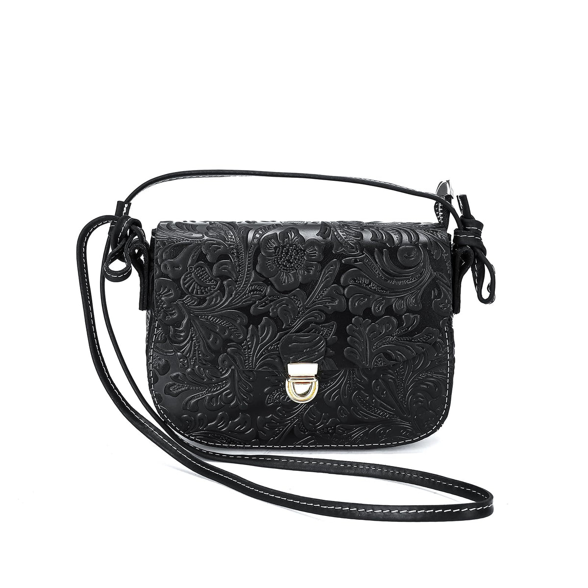 Genuine Leather Floral Embossed Crossbody Bag H294