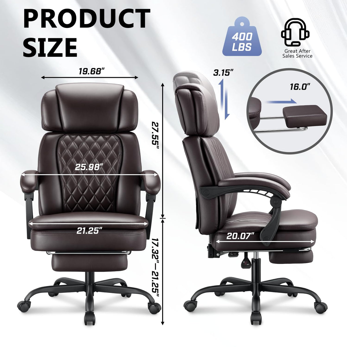 Brown 400lbs Ergonomic PU Leather Office Chair with Foot Rest Q728
