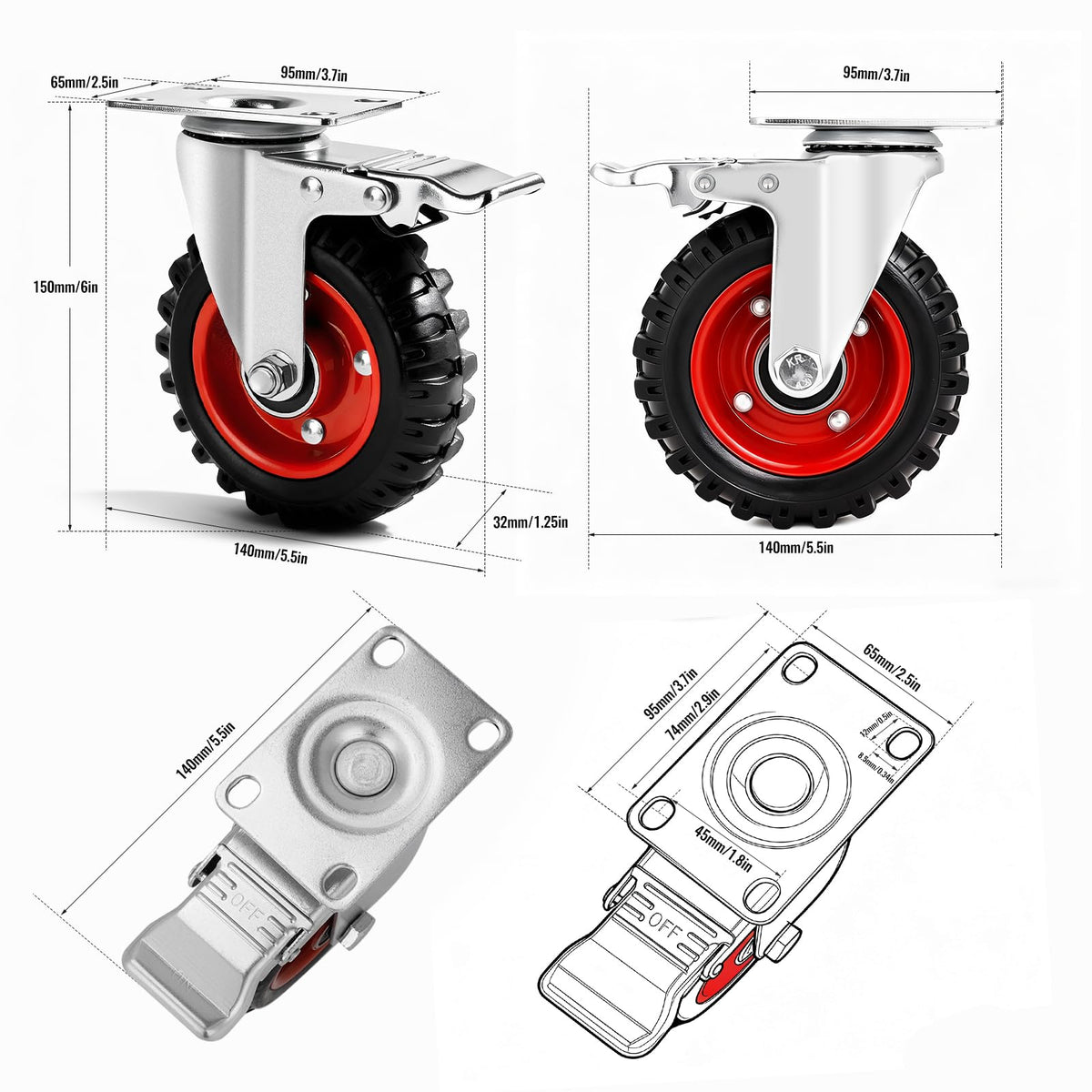 5 Inch Heavy Duty Casters Set of 4 Dual Locking Rubber Swivel Plate K3646