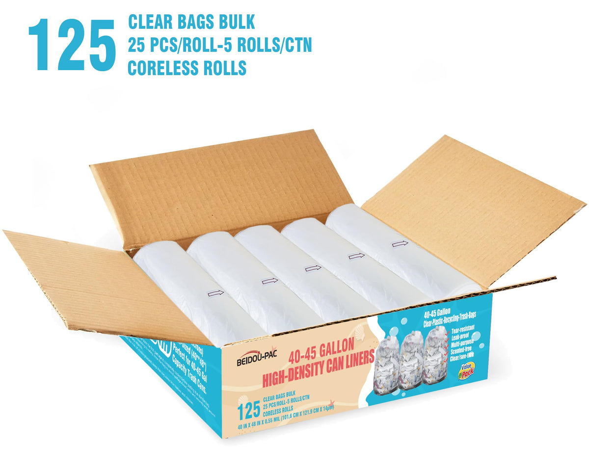 40-45 Gallon Clear Heavy Duty Plastic Trash Bags, 125 Count H70847
