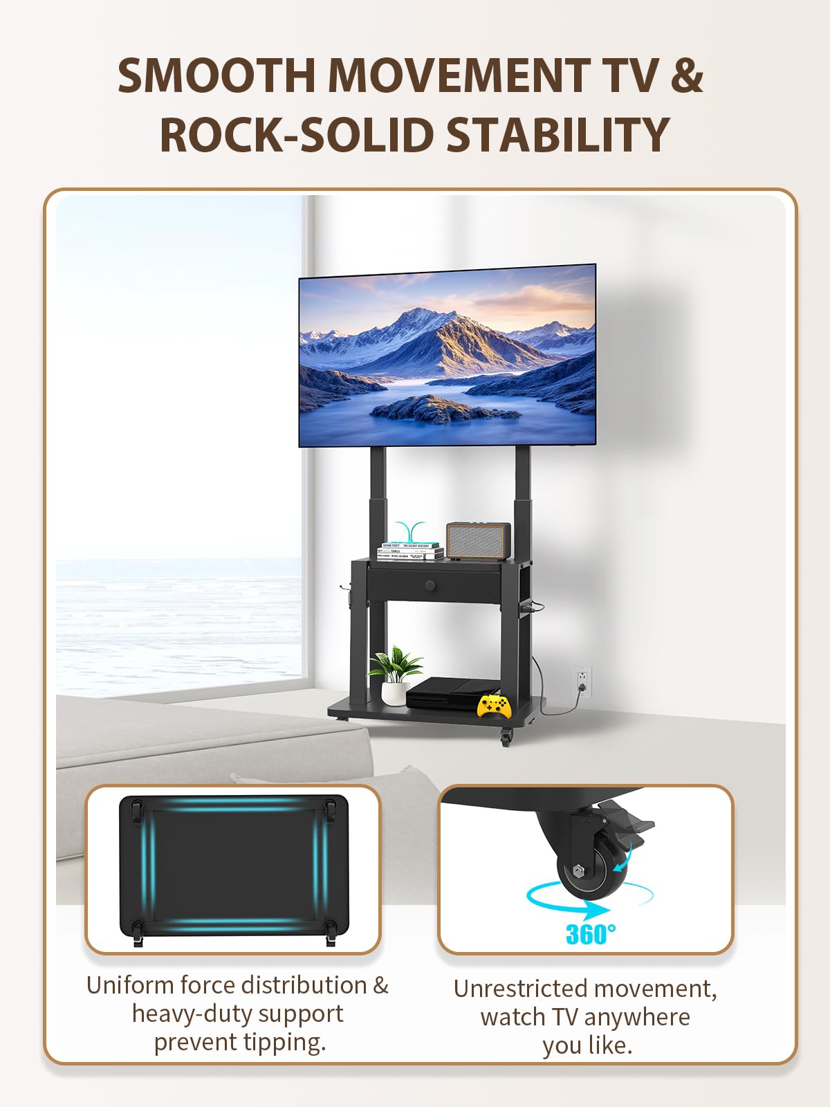 Black Rolling TV Stand with Power Outlet for 32-75 Inch Screens R665
