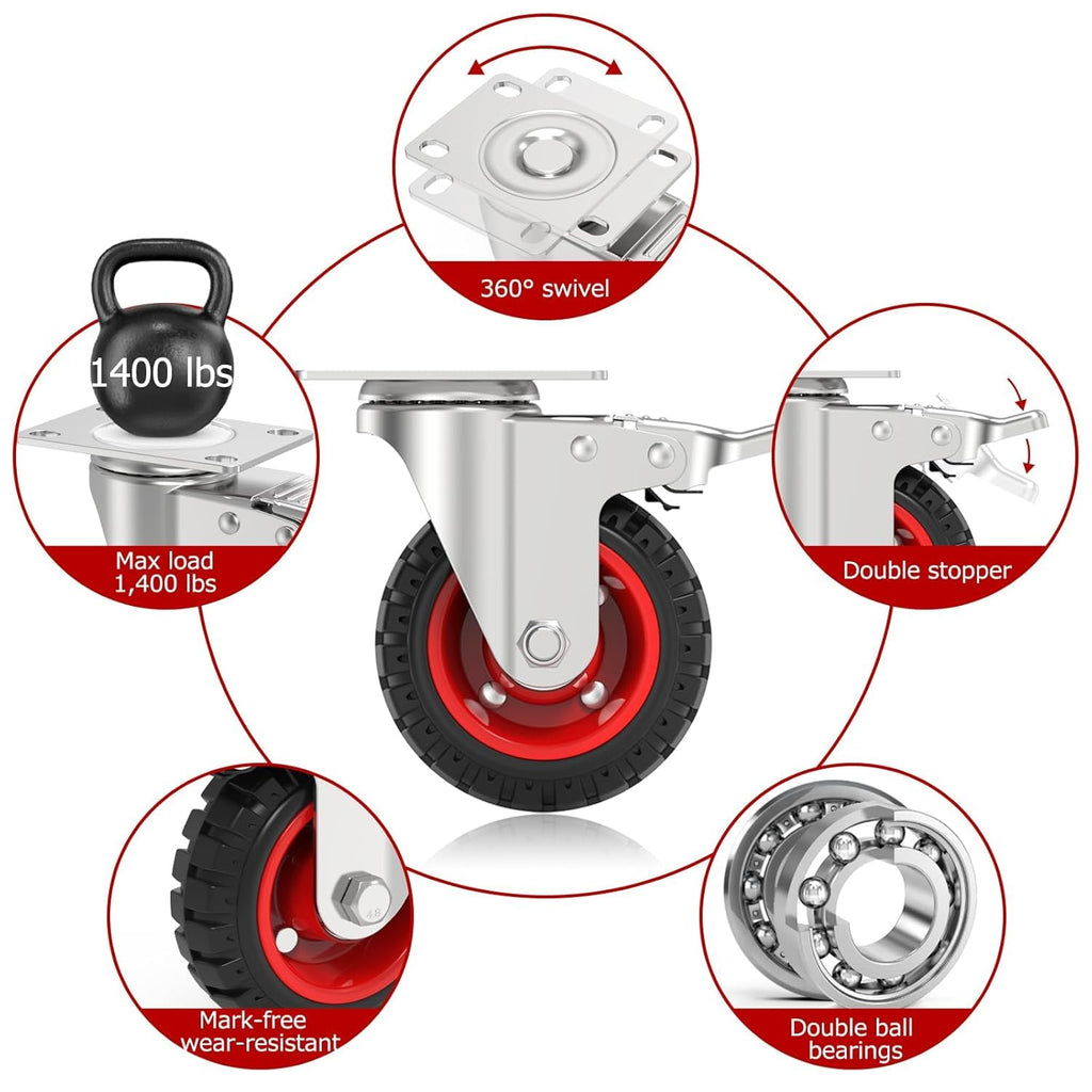 5 Inch Heavy Duty Casters Set of 4 Dual Locking Rubber Swivel Plate K3646