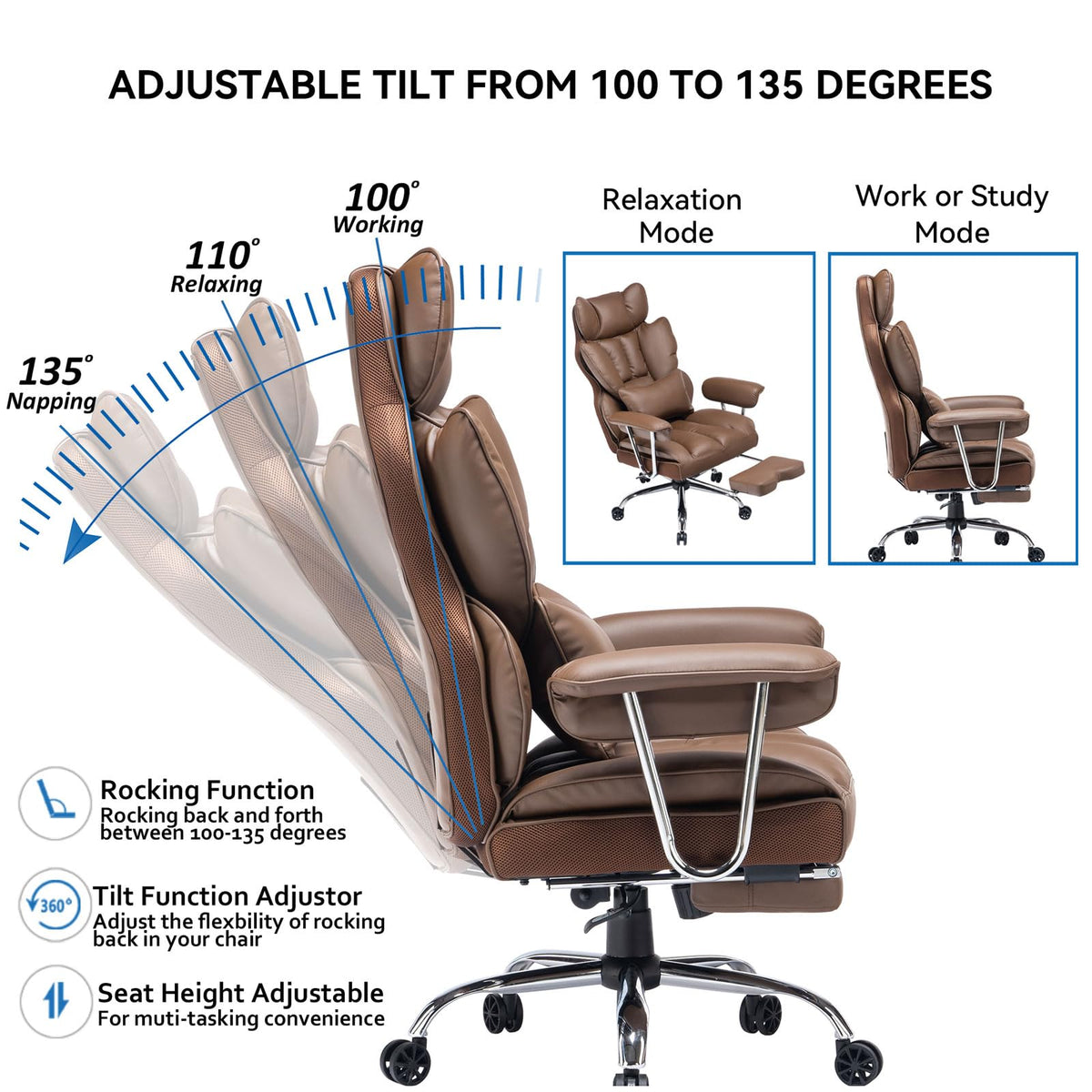 Big and Tall Brown PU Leather Office Chair with Lumbar Support G112