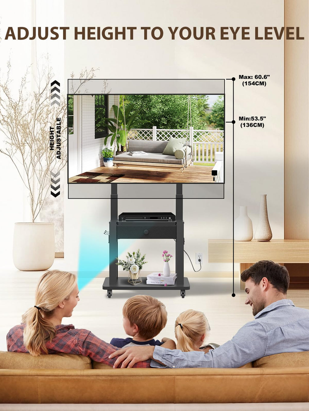 Black Rolling TV Stand with Power Outlet for 32-75 Inch Screens R665