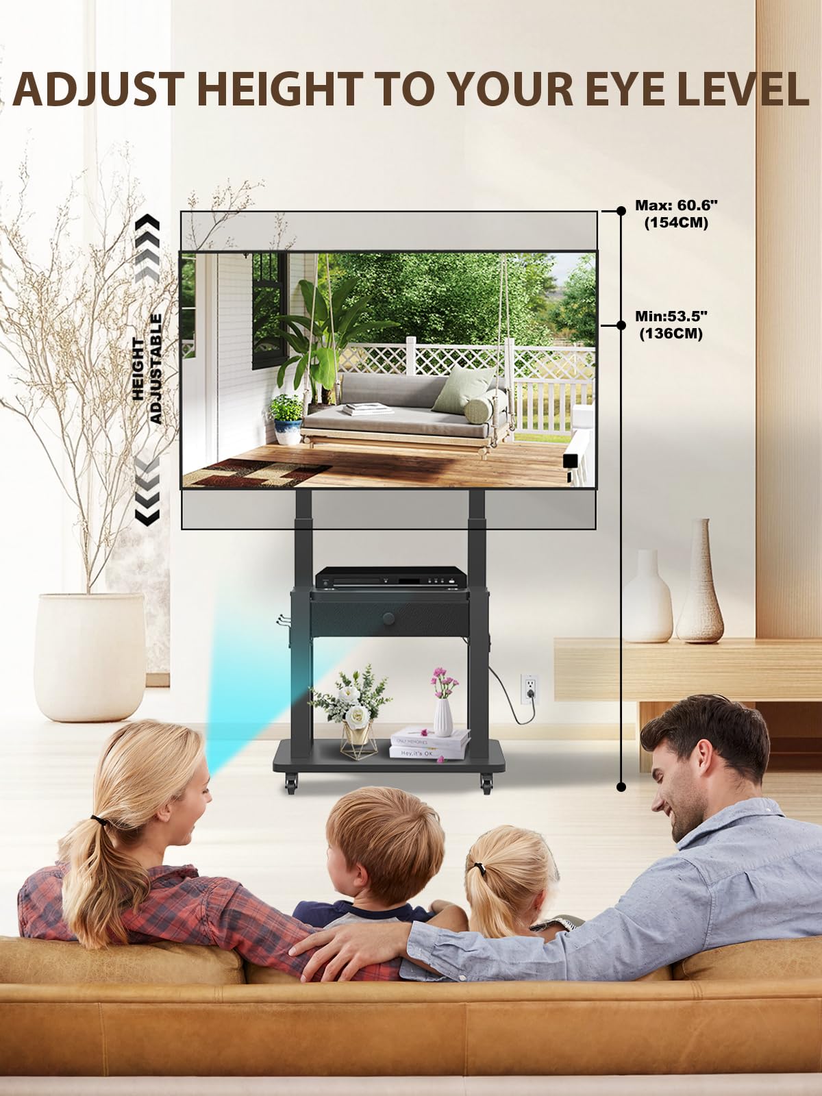 Black Rolling TV Stand with Power Outlet for 32-75 Inch Screens R665