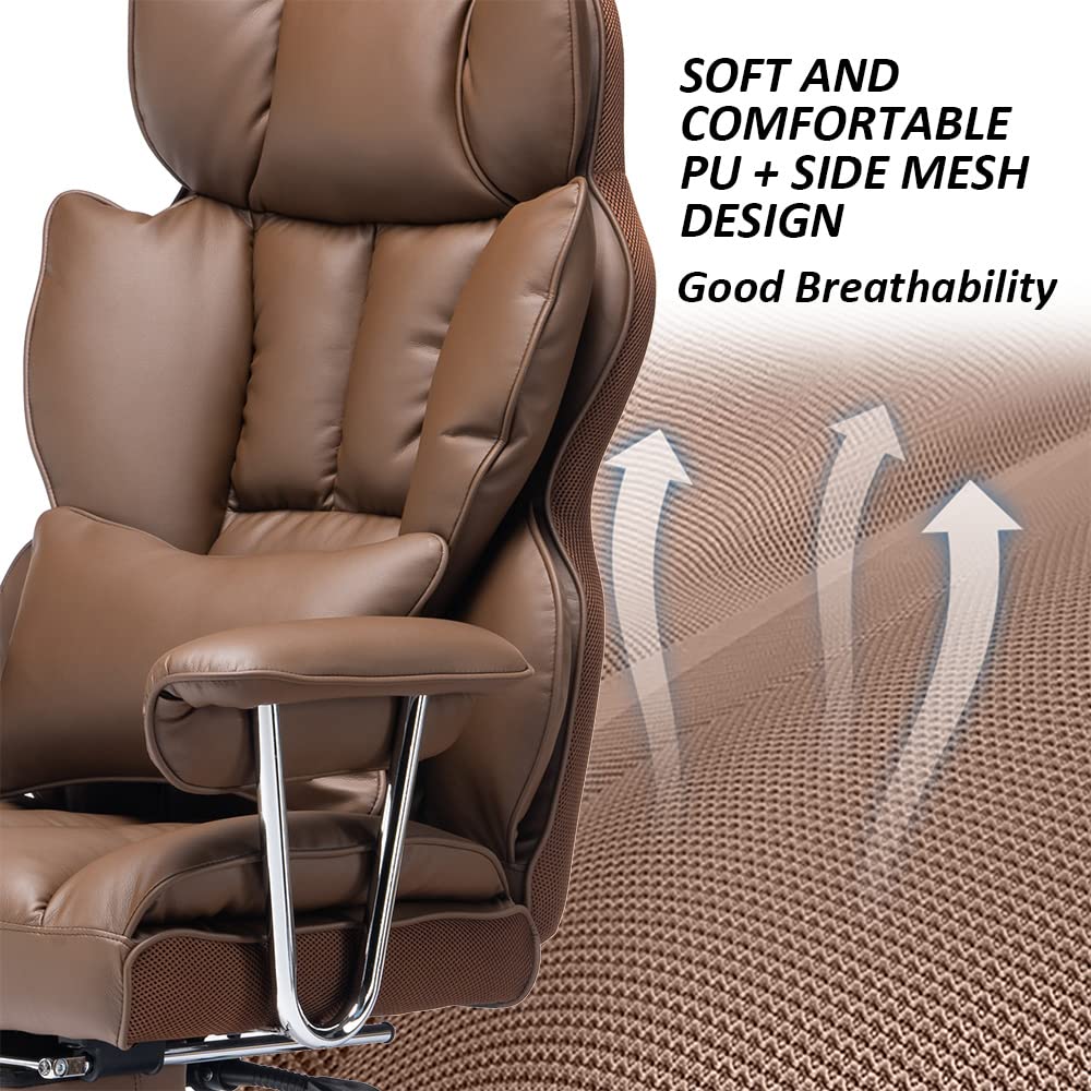 Big and Tall Brown PU Leather Office Chair with Lumbar Support G112