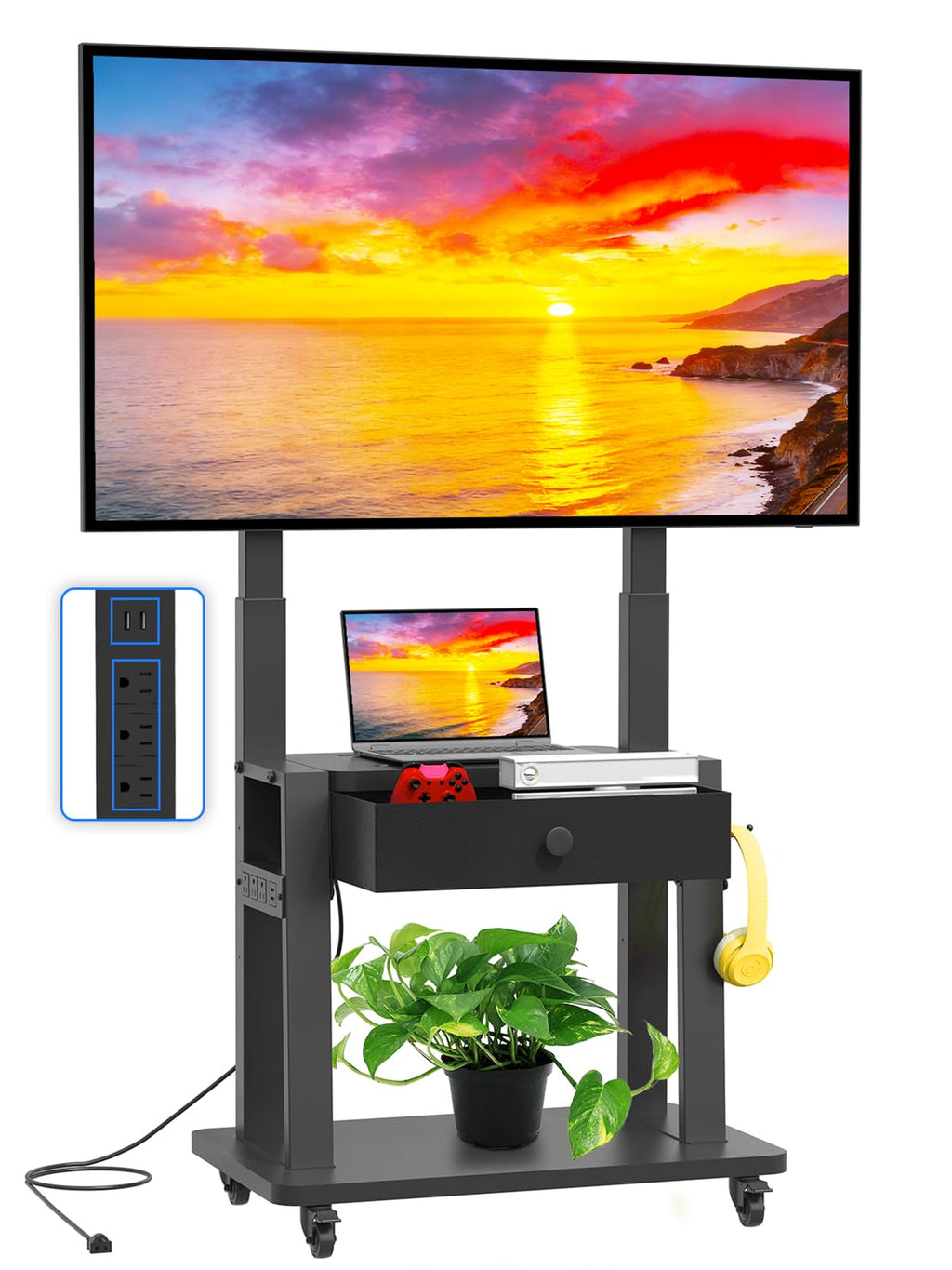 Black Rolling TV Stand with Power Outlet for 32-75 Inch Screens R665