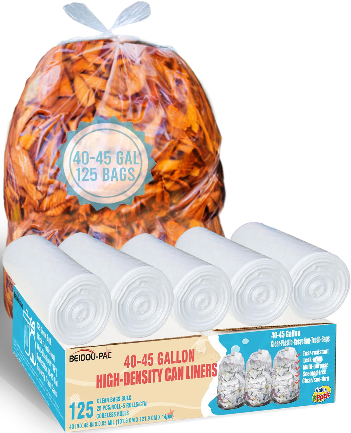40-45 Gallon Clear Heavy Duty Plastic Trash Bags, 125 Count H70847